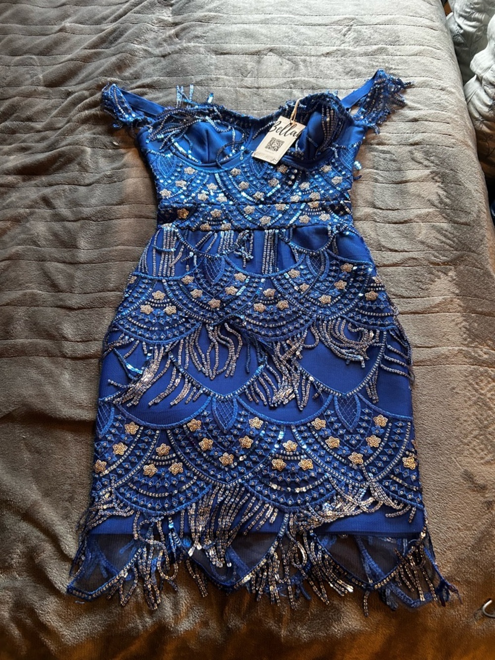 Abella Royal Blue Beaded Fringe Mini Dress